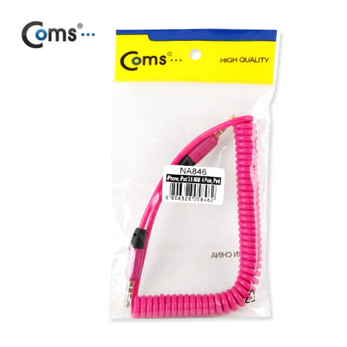 Coms 스테레오 케이블 Short / 3.5mm /4극 / 수(M/M) / 스프링 / Pink
