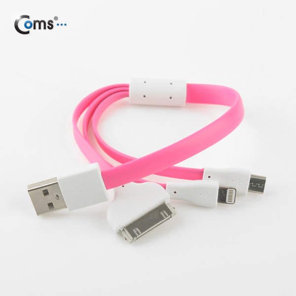 Coms iOS 스마트폰 5 케이블(3 in 1/Flat/멀티), 30cm/Pink/8핀/충전