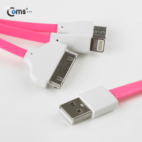 Coms iOS 스마트폰 5 케이블(3 in 1/Flat/멀티), 30cm/Pink/8핀/충전