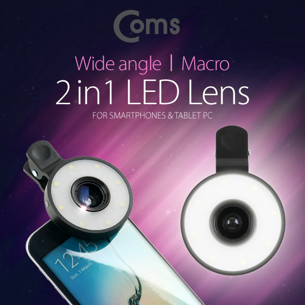 Coms 스마트폰 카메라 확대경 (Macro/Wide) LED 라이트 셀카 렌즈, Black