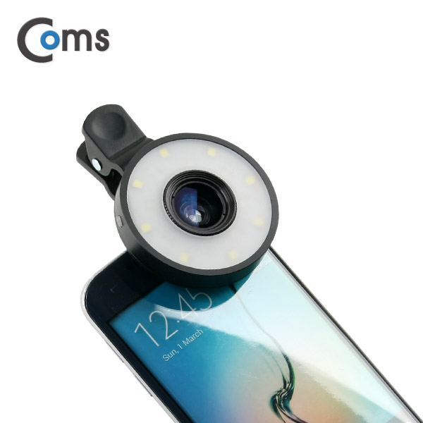 Coms 스마트폰 카메라 확대경 (Macro/Wide) LED 라이트 셀카 렌즈, Black
