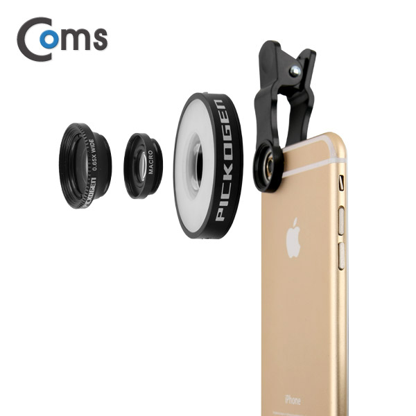 Coms 스마트폰 카메라 확대경 (Macro/Wide) LED 라이트 셀카 렌즈, Black