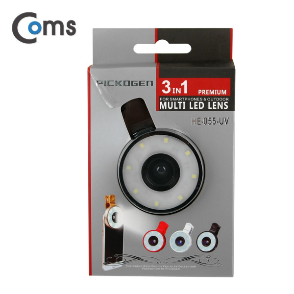 Coms 스마트폰 카메라 확대경 (Macro/Wide) LED 라이트 셀카 렌즈, Black