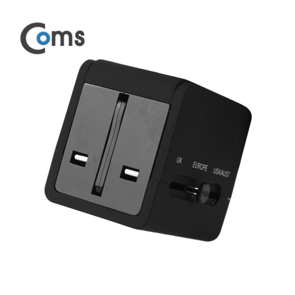 Coms 해외 여행용 전원 변환 멀티 충전기/아답터/어댑터/ Black, USB 2포트, 5V 2.1A, iOS 충전지원
