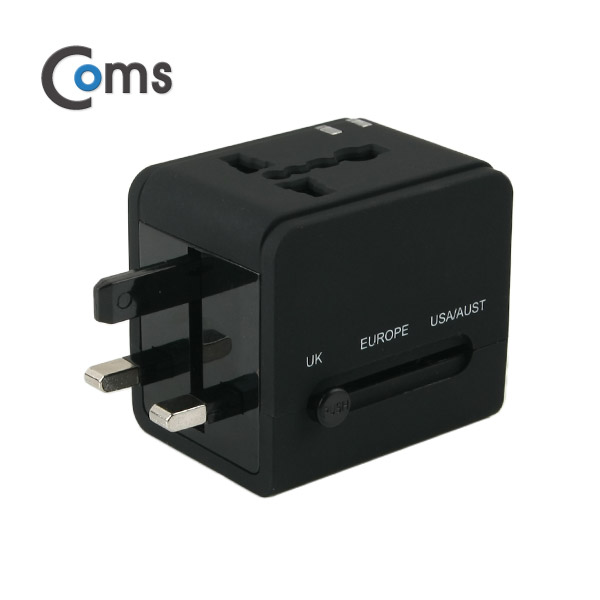 Coms 해외 여행용 전원 변환 멀티 충전기/아답터/어댑터/ Black, USB 2포트, 5V 2.1A, iOS 충전지원