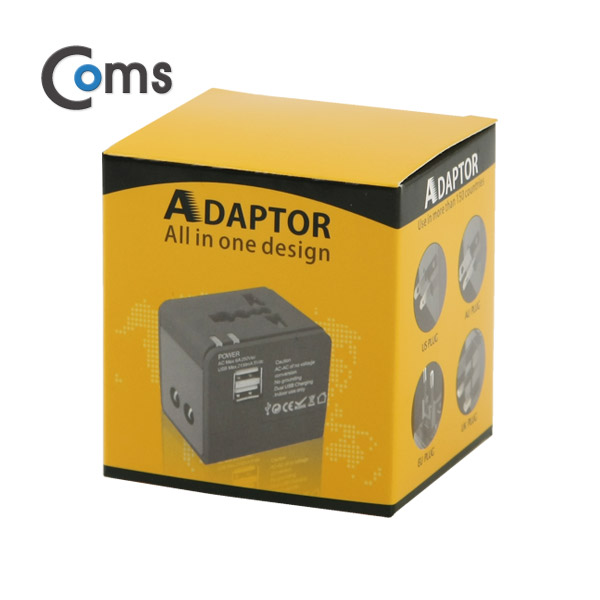 Coms 해외 여행용 전원 변환 멀티 충전기/아답터/어댑터/ Black, USB 2포트, 5V 2.1A, iOS 충전지원