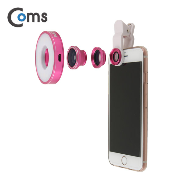 Coms 스마트폰 카메라 확대경(3 in1) 셀카 렌즈, LED 라이트, Macro/피쉬아이/Wide