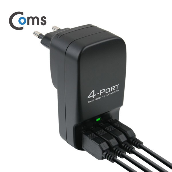Coms 해외 여행용 전원 변환 멀티 충전기/아답터/어댑터, USB 4포트, Black