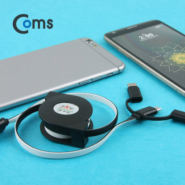 Coms USB 3.1 케이블(Type C) 3 in 1, 자동감김 (Type C/Micro 5P/ 8P) Black