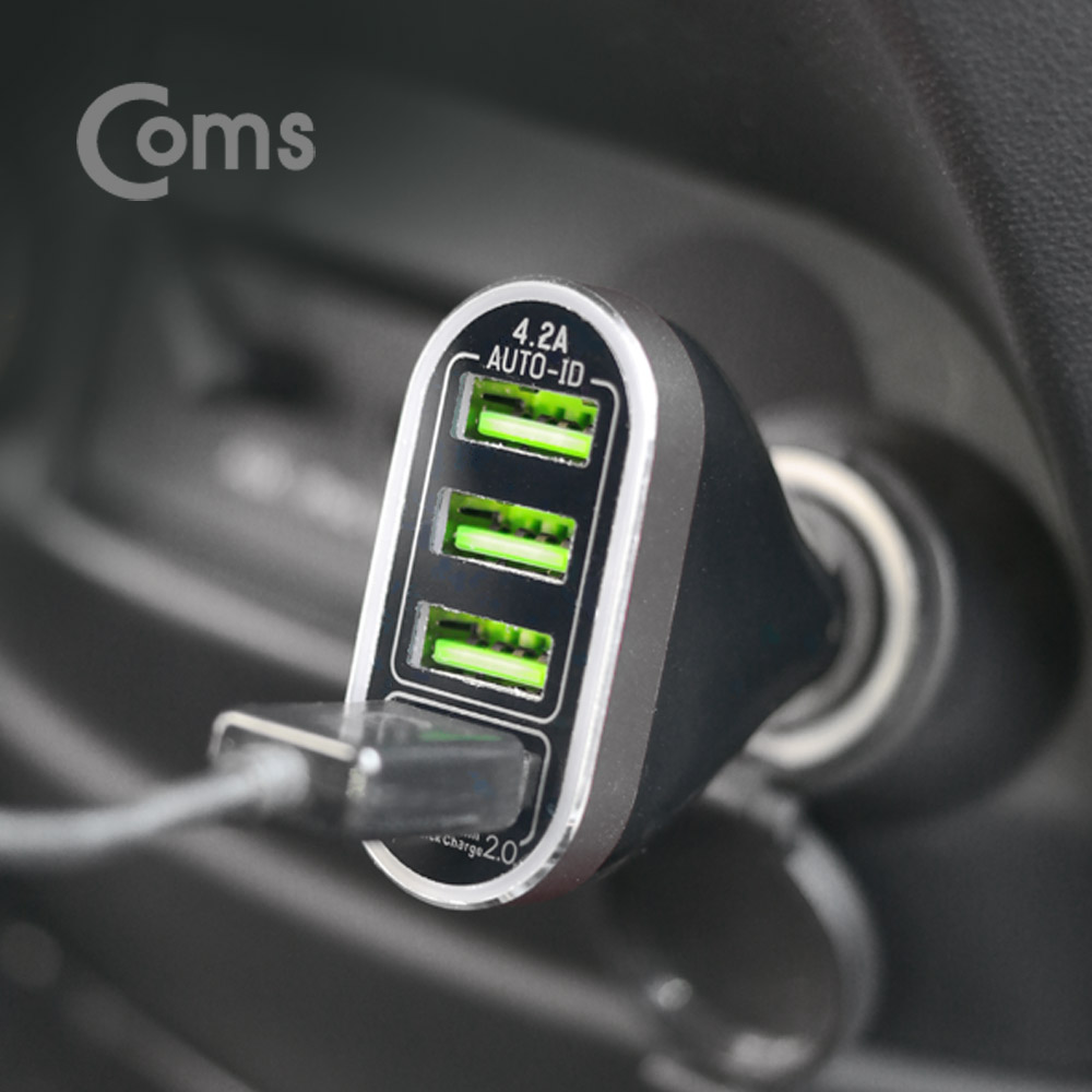 Coms 차량용 초고속 시가잭(시거잭) 충전기(4P)/퀵차지 QC 3.0 / 6.6A / Micro 5핀 케이블 제공