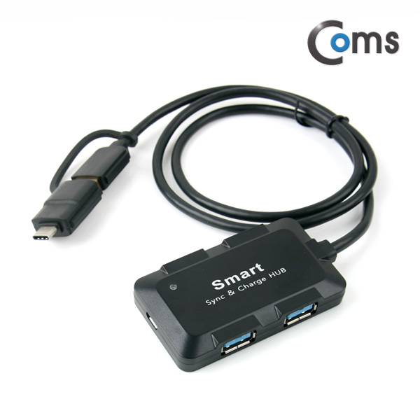 Coms USB 허브 3.0, (4P/무전원) 검정, C타입 젠더/보조 전원 포트, USB 3.0(F) to C(M)