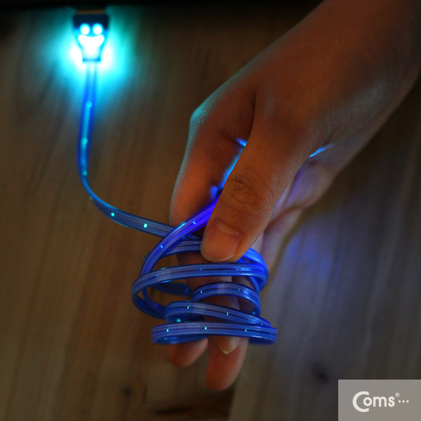 Coms USB/Micro USB(B) 케이블(투명 LED) EL 발광, 1M, 블루