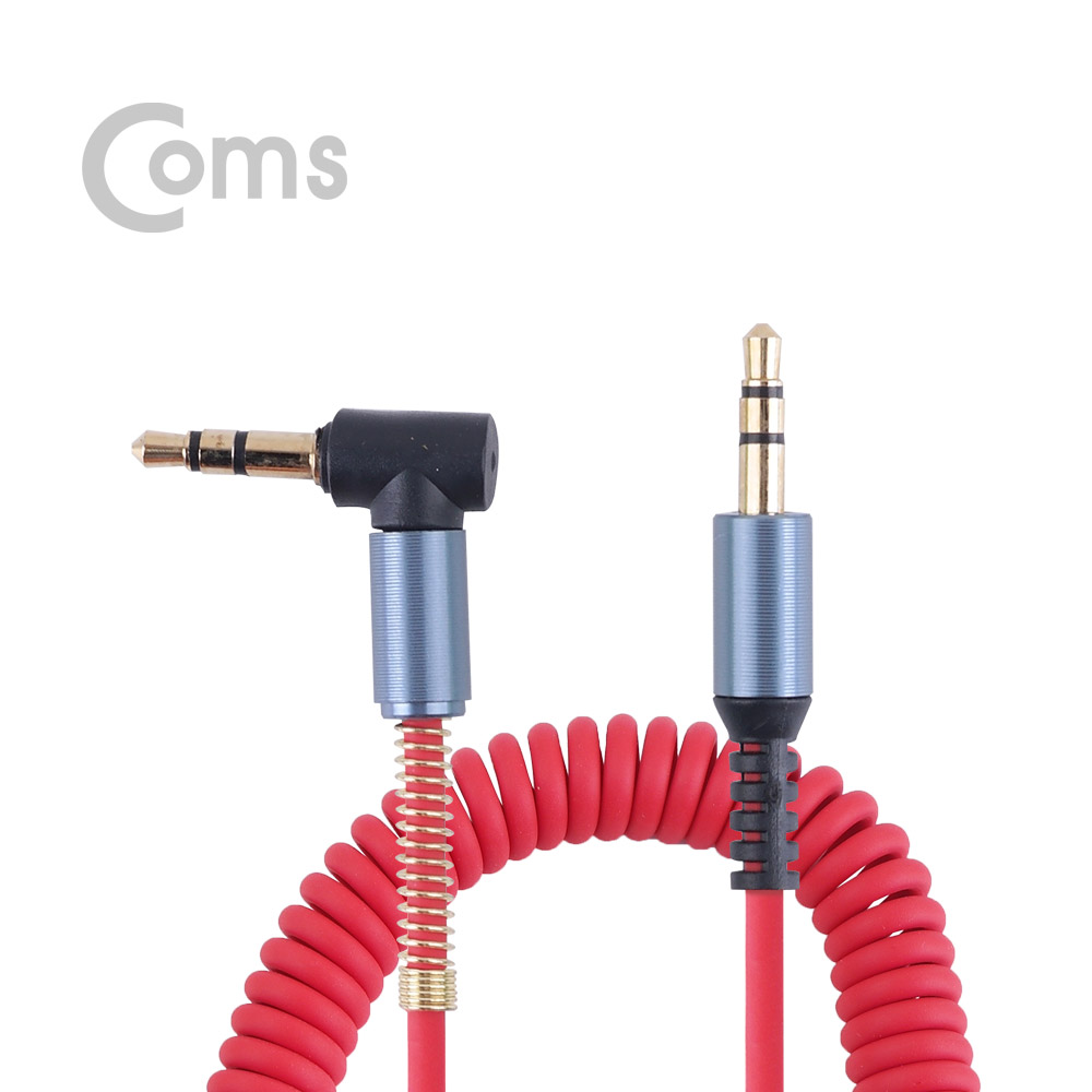 Coms 스테레오 케이블 (3.5 M/M) 한쪽 꺾임(꺽임) 30~50cm/ 스프링/ Red/Stereo