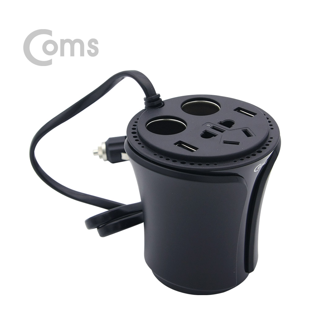 Coms 차량용 멀티 시가잭+인버터(120W), USB 2P - 컵홀더형, 검정/ 시거잭