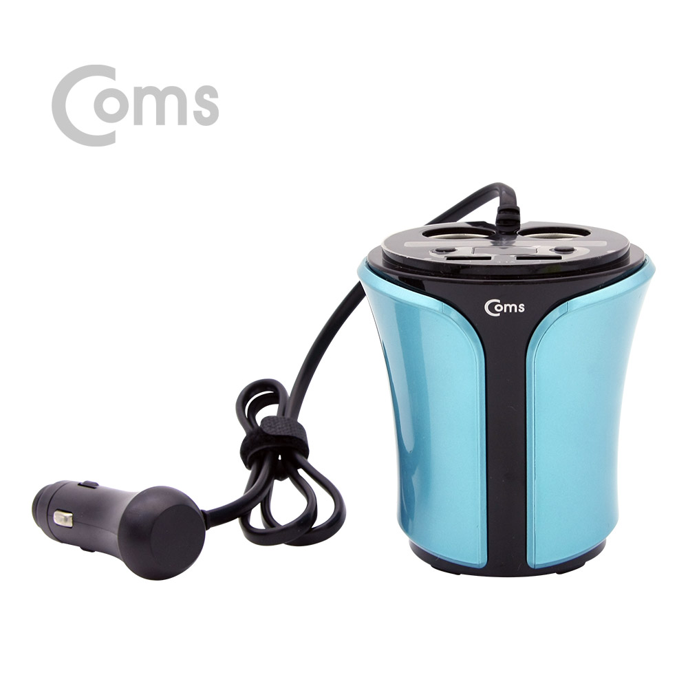 Coms 차량용 멀티 시가잭+USB 2P/DC 전압체크 기능 - 컵홀더형, 회색+청색/ 시거잭