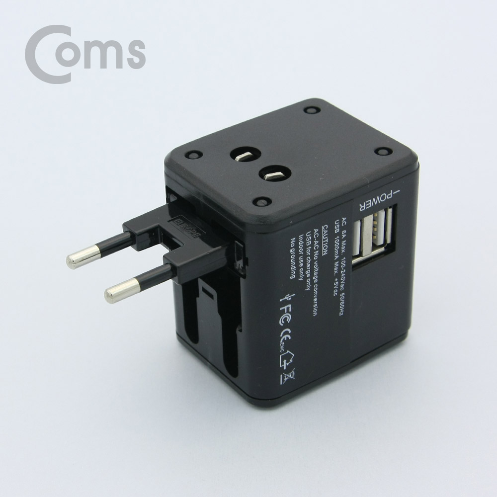 Coms 해외 여행용 전원 변환 멀티 충전기/아답터/어댑터, USB 2포트, Black, 5V 2.1A