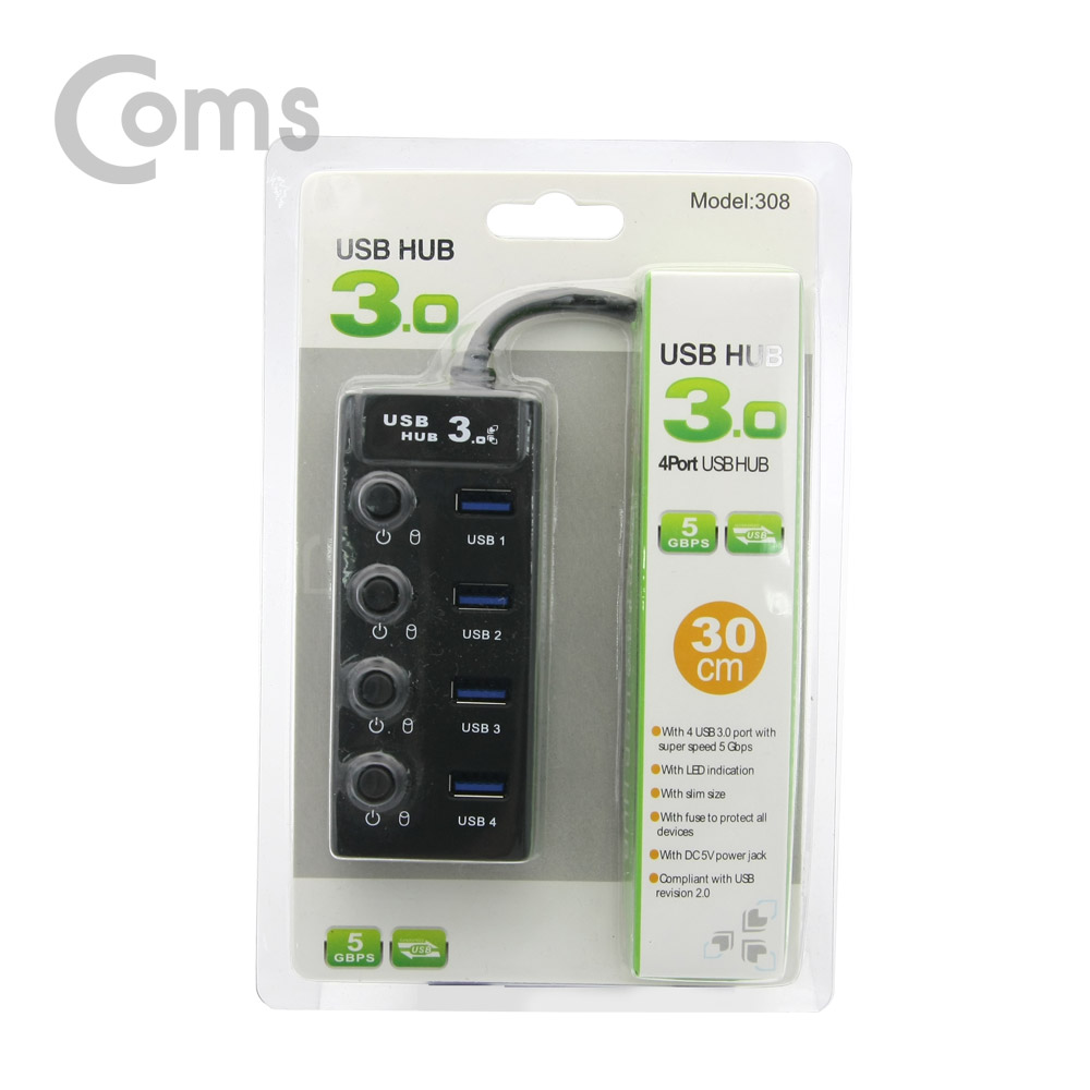 Coms USB 3.0 4포트 허브 (무전원/개별 스위치) 30cm