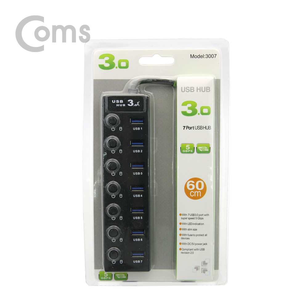 Coms USB 허브 3.0 (7포트/무전원) 개별스위치 60cm/Hub