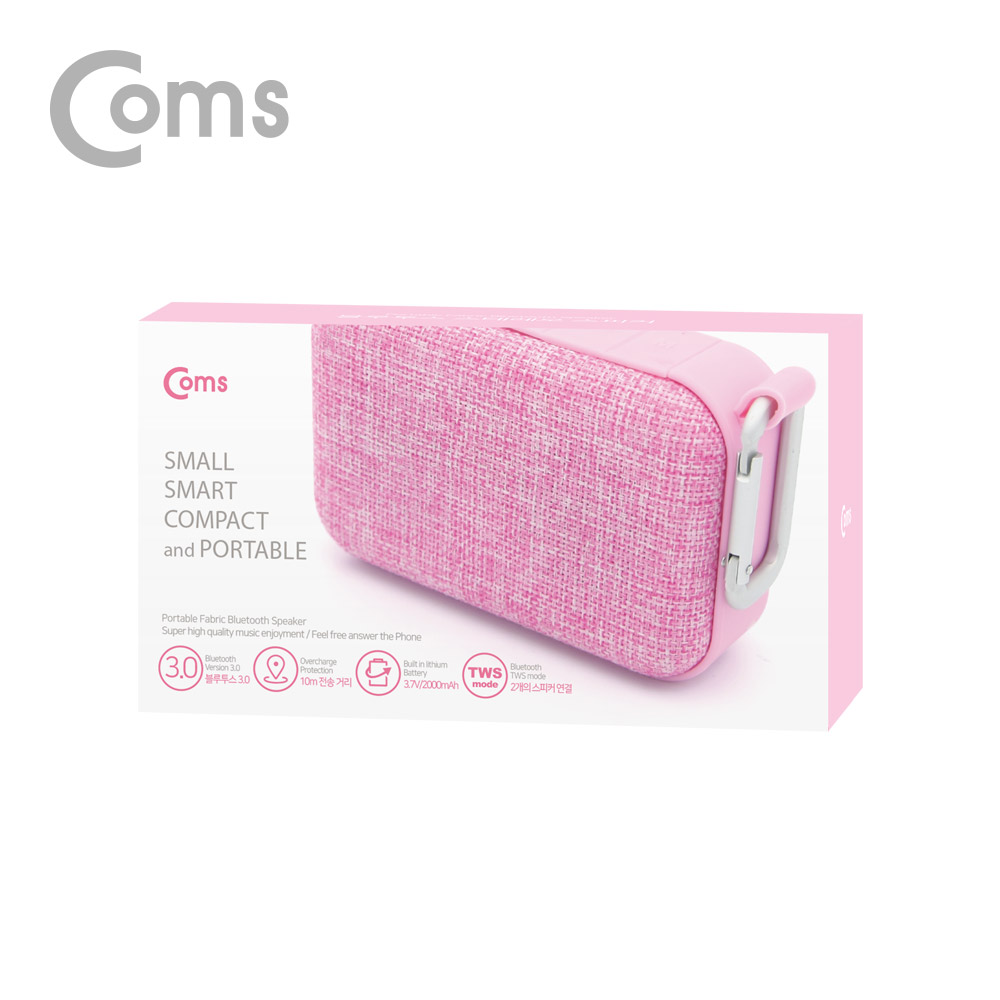 Coms 휴대용 페브릭 블루투스 스피커(핑크) /  2대 이용시 TWS 2채널 스테레오 지원/ evn1
