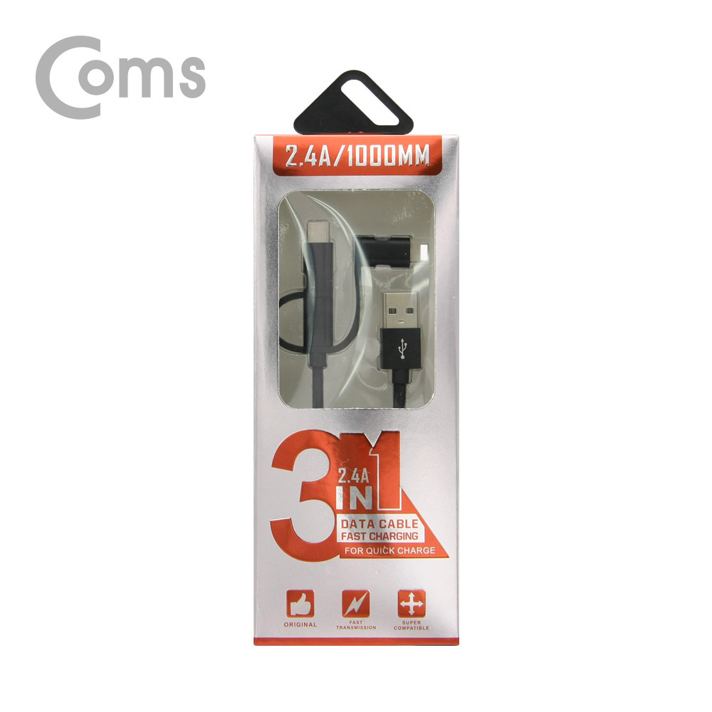 Coms 스마트폰 3 in 1 멀티 케이블 1M / Black / 꼬리물기(Type C/8핀/5핀)/충전