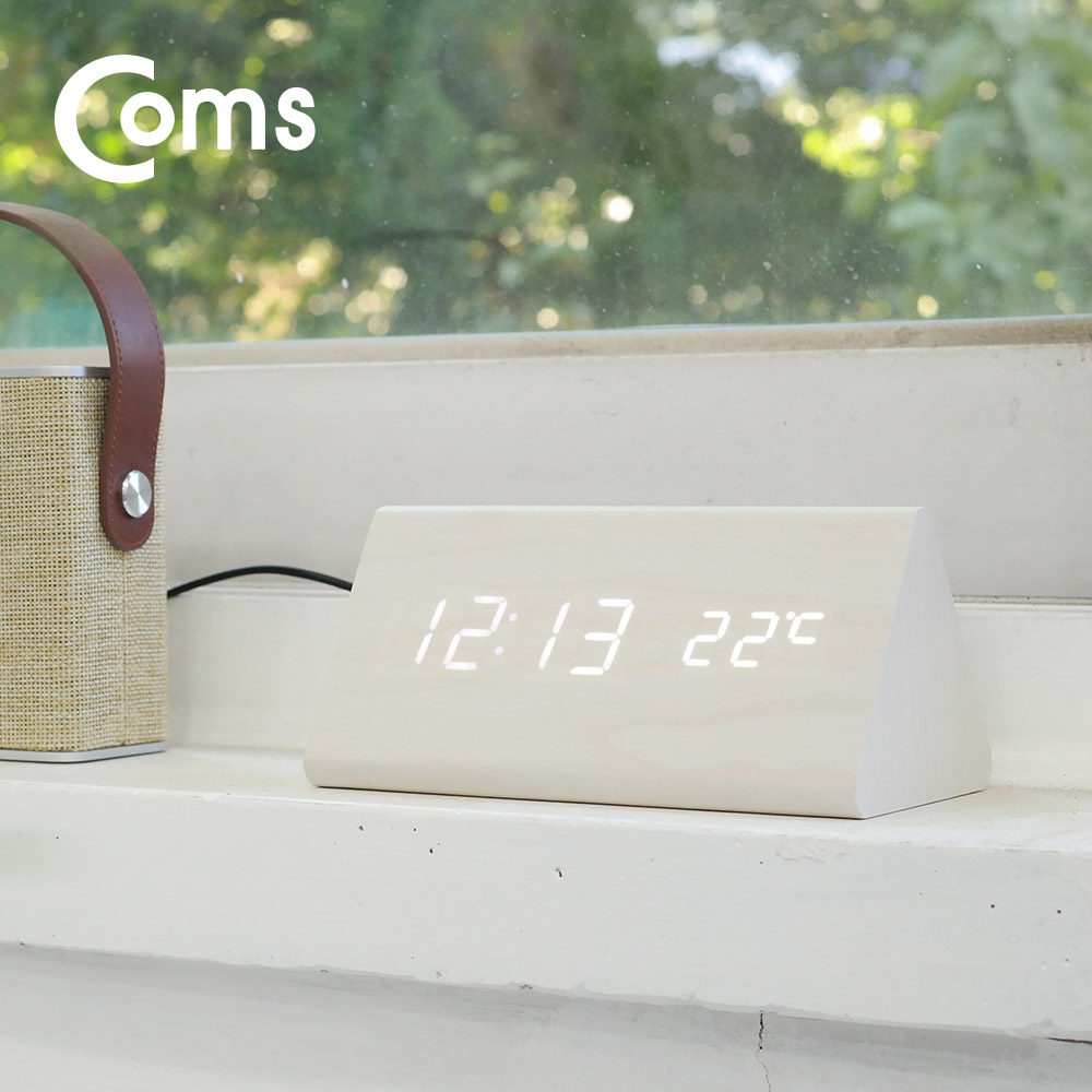 Coms 디지털 LED 나무시계 (삼각/White)