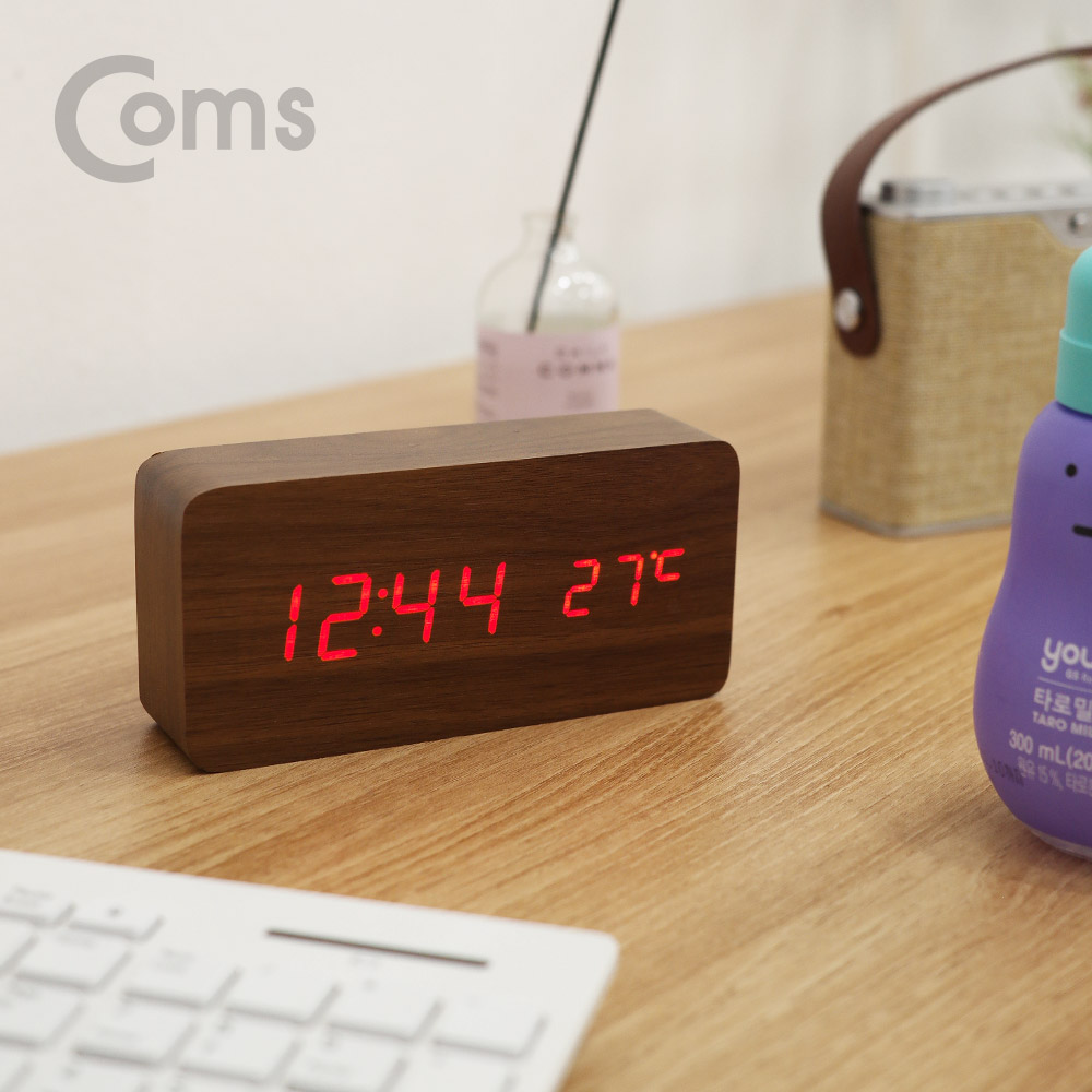 Coms 디지털 LED 나무시계 (소형 / Brown)