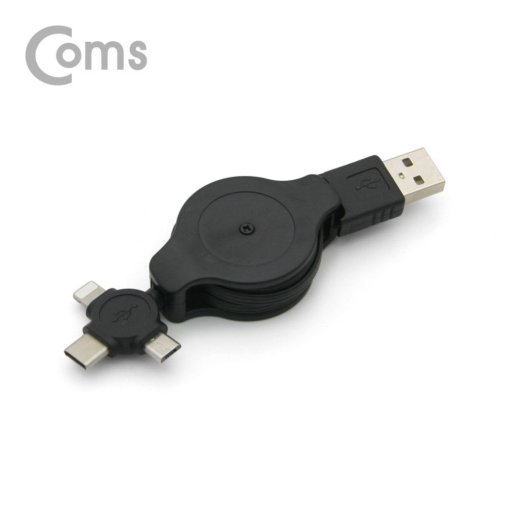 Coms USB 3.1(Type C) 3 in 1 자동감김 케이블 1M / T형 / Black / 마이크로 5핀 / IOS 8핀