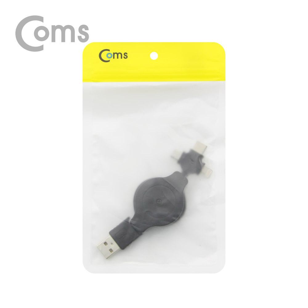 Coms USB 3.1(Type C) 3 in 1 자동감김 케이블 1M / T형 / Black / 마이크로 5핀 / IOS 8핀