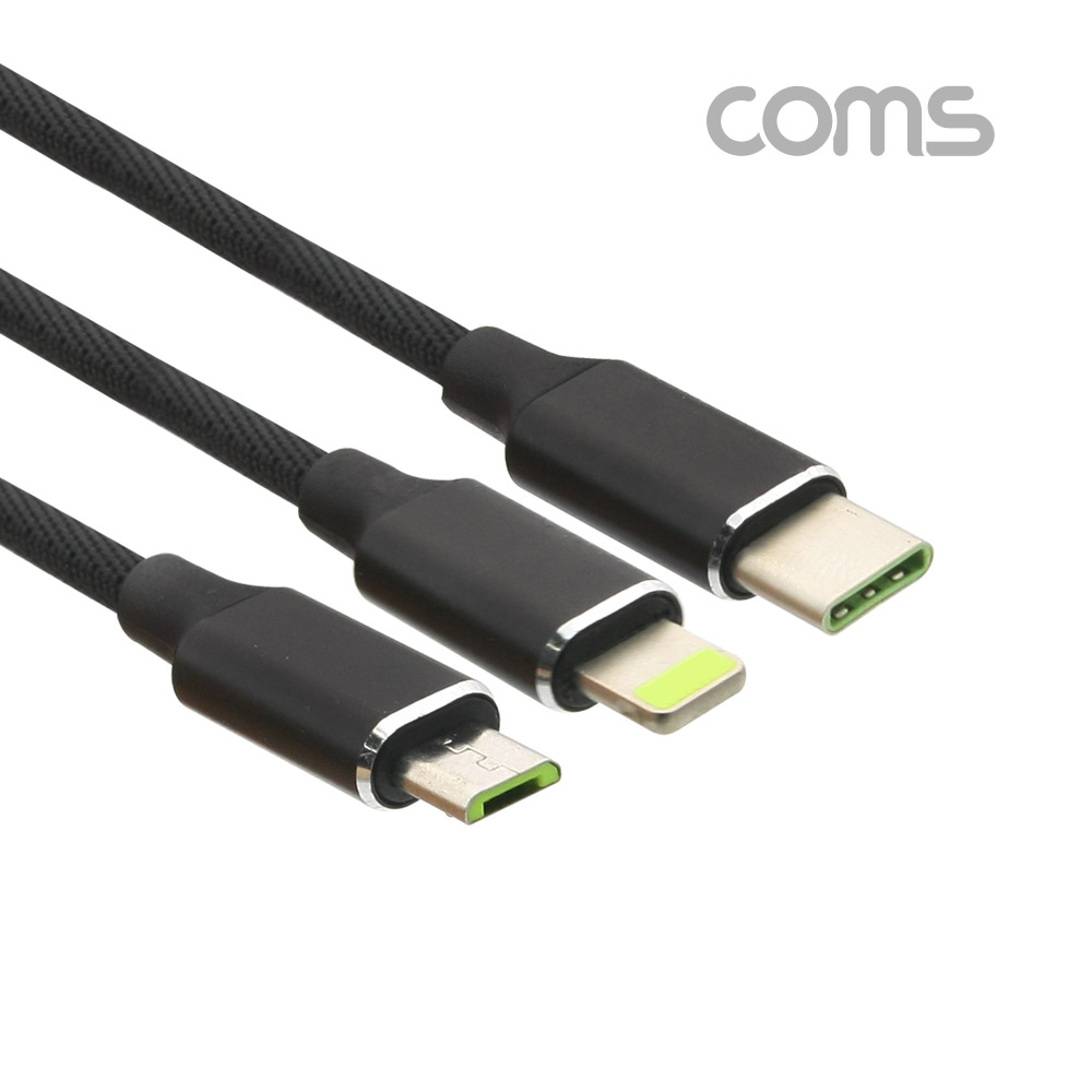 Coms 스마트폰 3 in 1 멀티 케이블, 패브릭 타입, USB 3.1 Type C/Micro 5P/8P, 충전전용, 1.2M