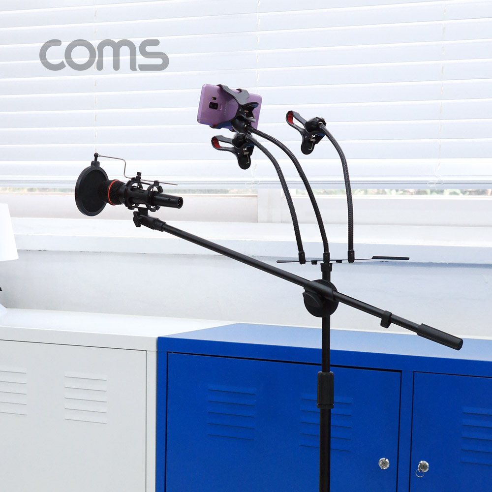 Coms 삼각대 마이크 스탠드(바닥 설치용/T자/폴더 접이식), 붐마이크용 길이조절, 스마트폰