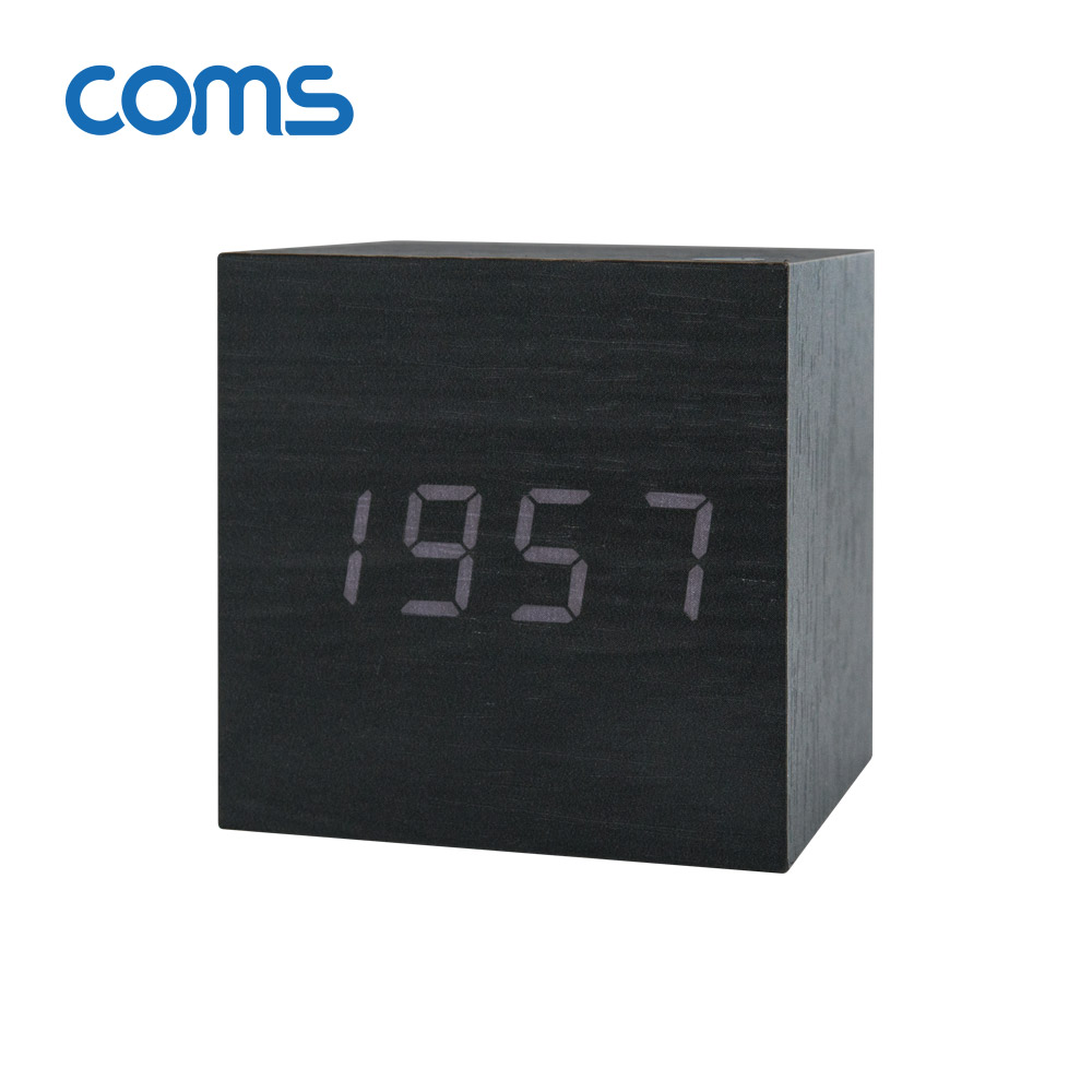 Coms 디지털 LED 나무시계(초미니형 / 정사각형 / 화이트 LED / 알람기능포함 / Black)