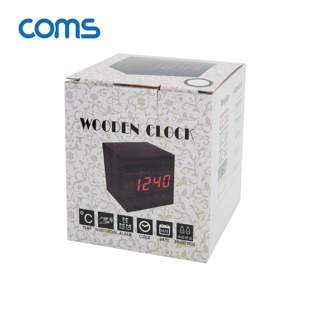 Coms 디지털 LED 나무시계(초미니형 / 정사각형 / 화이트 LED / 알람기능포함 / Black)
