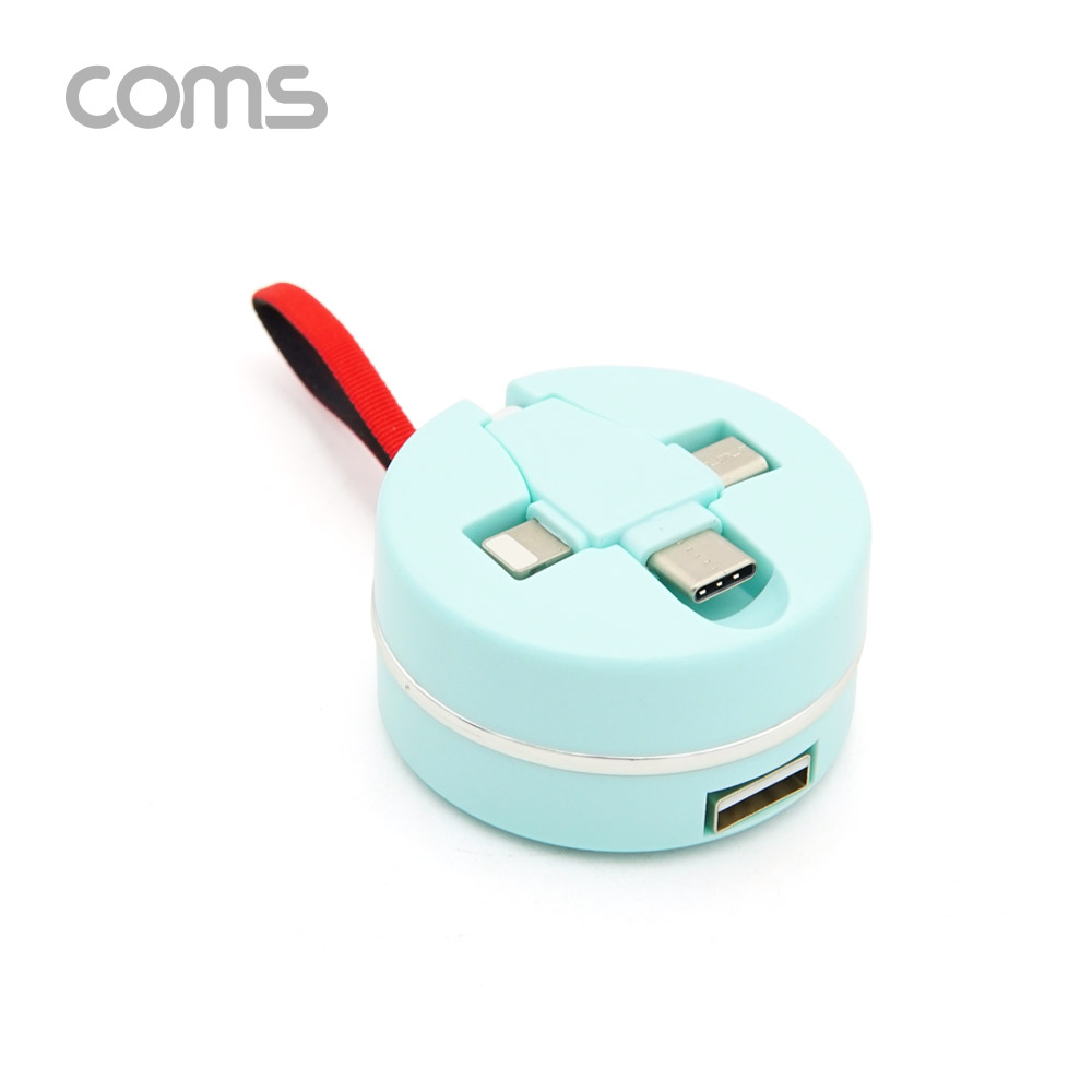 Coms 스마트폰 멀티 케이블(자동감김/3 in 1) / USB 3.1(Type C) / Micro 5P / 8P / 블루