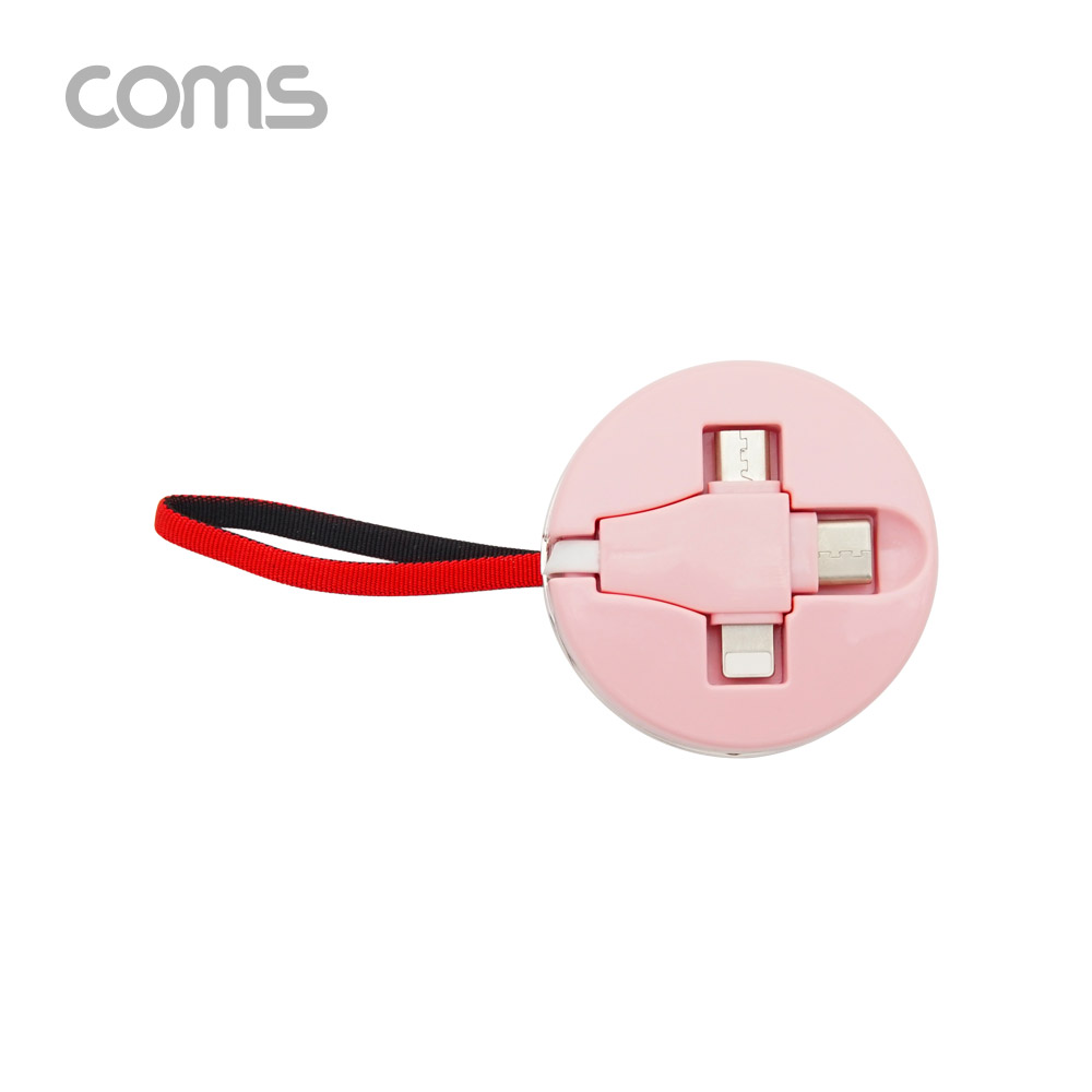 Coms 스마트폰 멀티 케이블(자동감김/3 in 1) / USB 3.1(Type C) / Micro 5P / 8P / 핑크