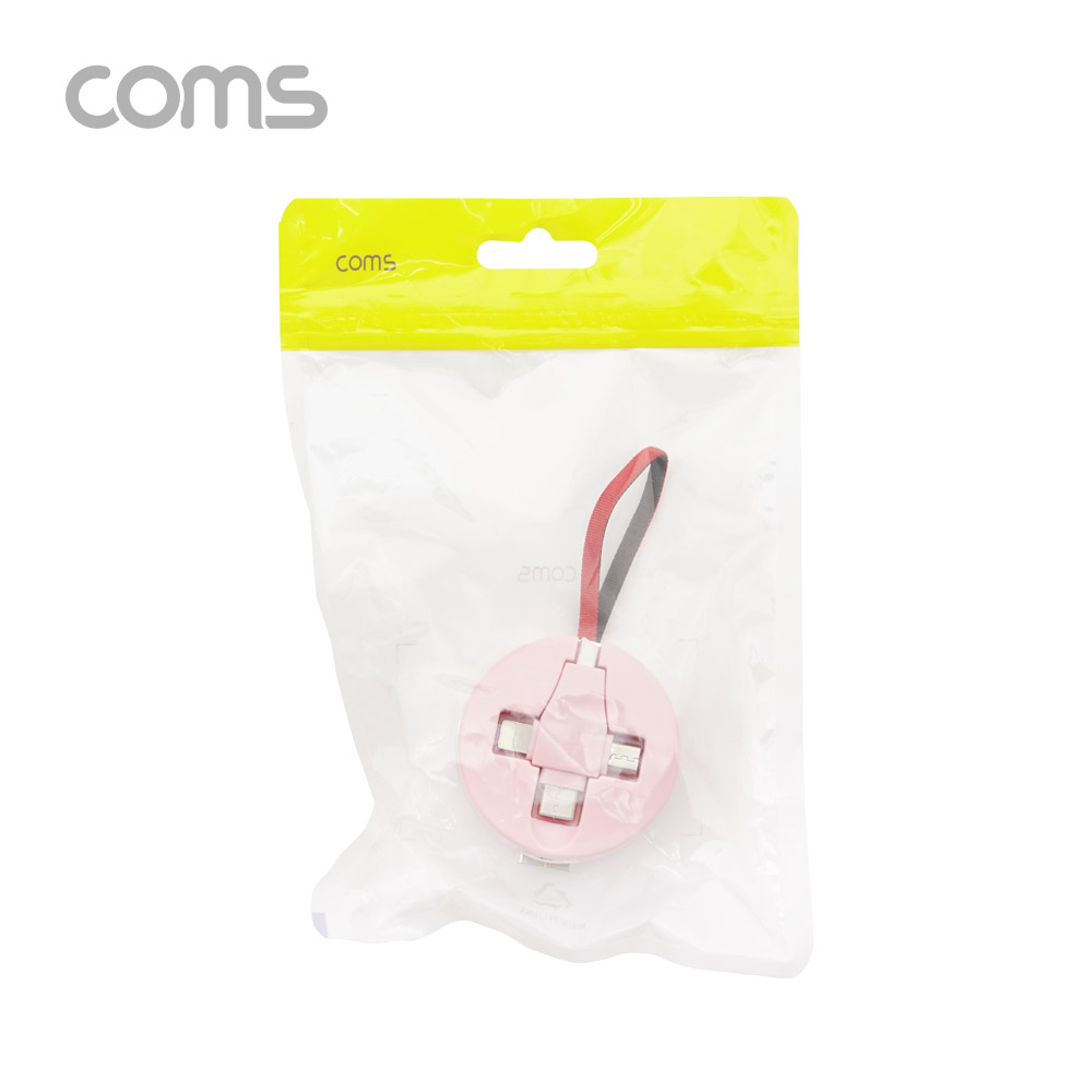 Coms 스마트폰 멀티 케이블(자동감김/3 in 1) / USB 3.1(Type C) / Micro 5P / 8P / 핑크