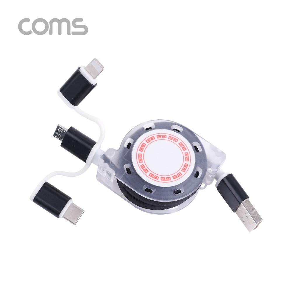 Coms 스마트폰 멀티 케이블(자동감김/3 in 1), Black / Type C / iOS 8Pin / Micro 5P / 1M