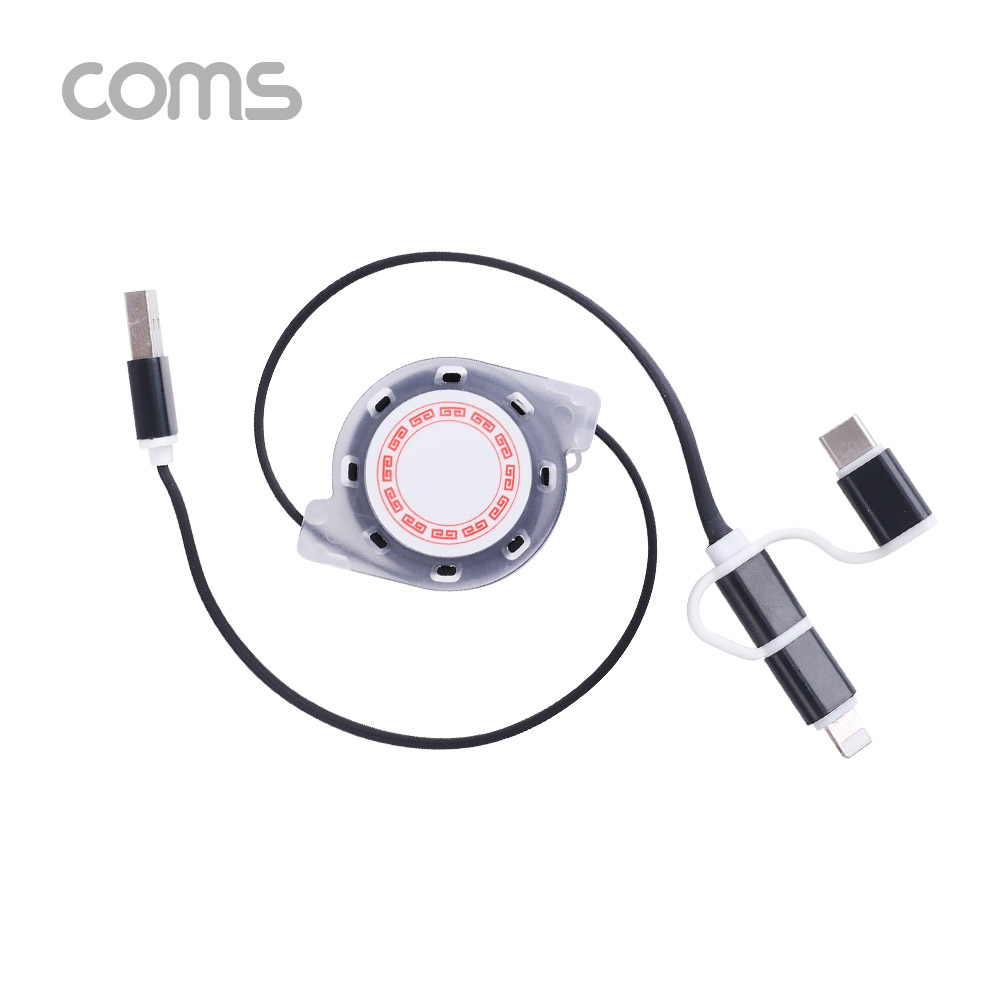 Coms 스마트폰 멀티 케이블(자동감김/3 in 1), Black / Type C / iOS 8Pin / Micro 5P / 1M
