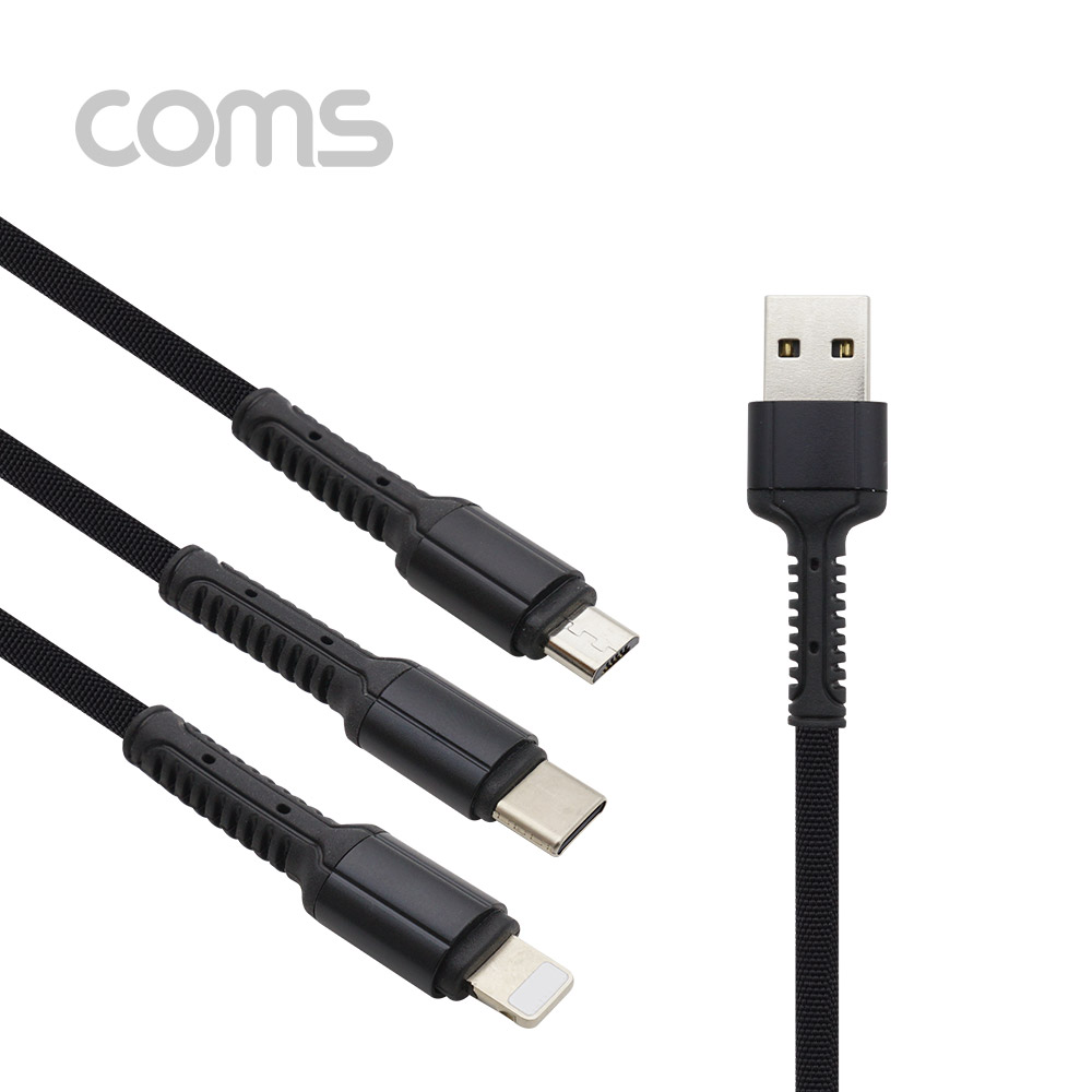 Coms 스마트폰 멀티 케이블(3 in 1) Black - USB 3.1 (Type C)/Android 5P(Micro 5핀) /iOS 8P