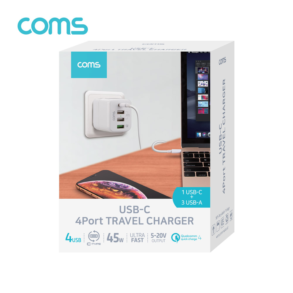 Coms 해외 여행용 멀티 충전기/아답터/어댑터, USB 4포트, USB 3.1 Type C/USB-A/PD/QC3.0/45W