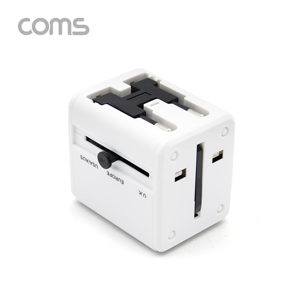 Coms 해외 여행용 전원 변환 멀티 충전기/아답터/어댑터, White, USB 2포트, 5V 2.1A