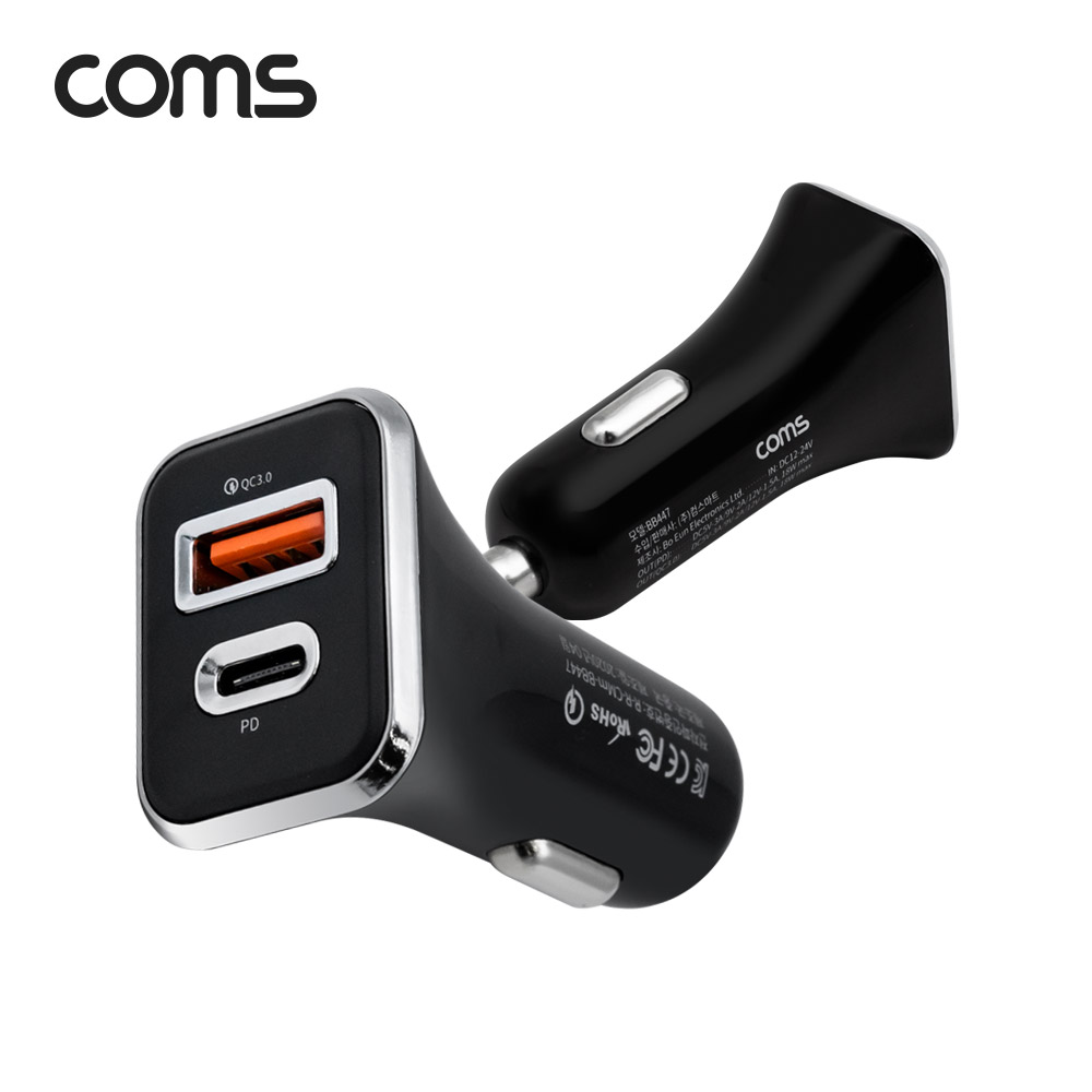 Coms 차량용 듀얼 USB 고속 충전기 / USB 3.1 Type-C PD / QC 3.0 / 최대 18W