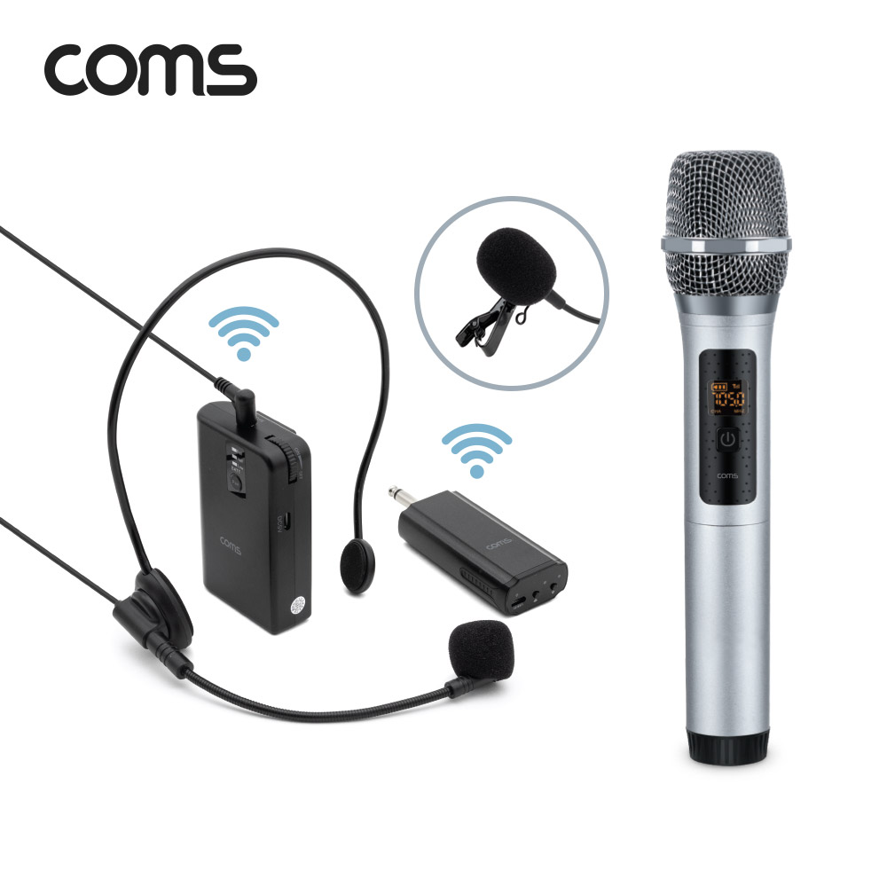 Coms UHF 듀얼 무선 마이크 송수신기 세트 / 핸드마이크, 헤드셋마이크, 클립형 핀 마이크