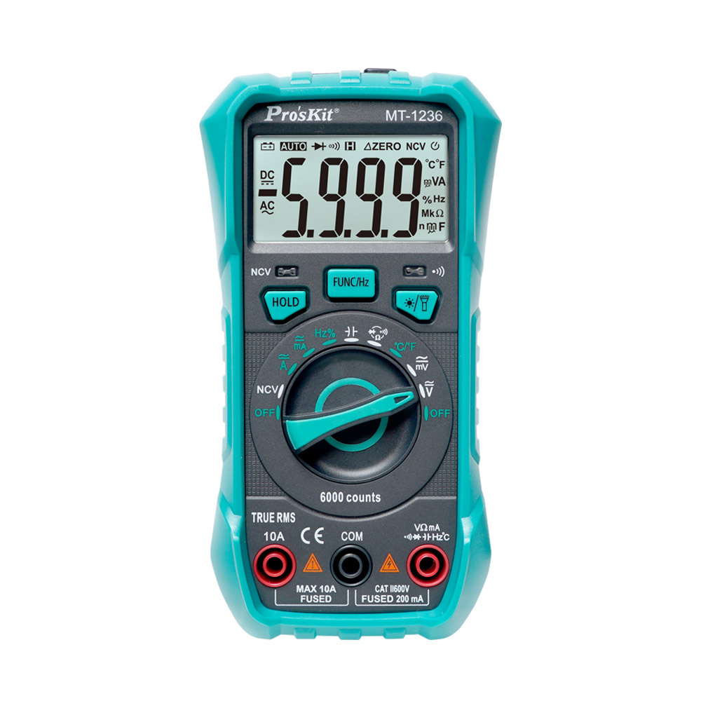 PROKIT (MT-1236) True RMS 디지털 멀티미터 테스터기 (DC/AC, AD/DC, NCV 감지, 온도 등)