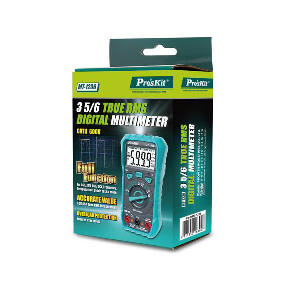 PROKIT (MT-1236) True RMS 디지털 멀티미터 테스터기 (DC/AC, AD/DC, NCV 감지, 온도 등)