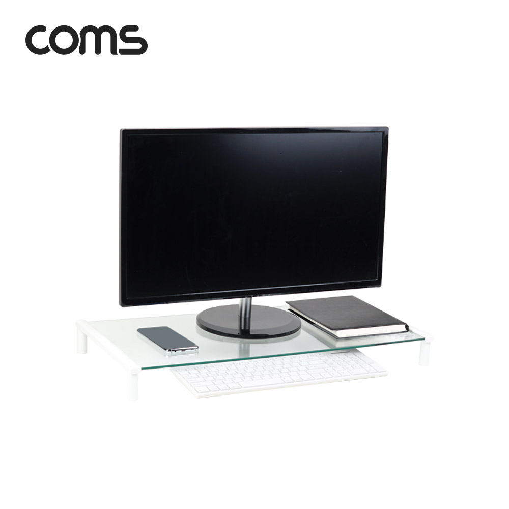Coms 모니터 받침대/스탠드, 화이트프레임 투명유리 일반형 1단 (620mm x 309mm)