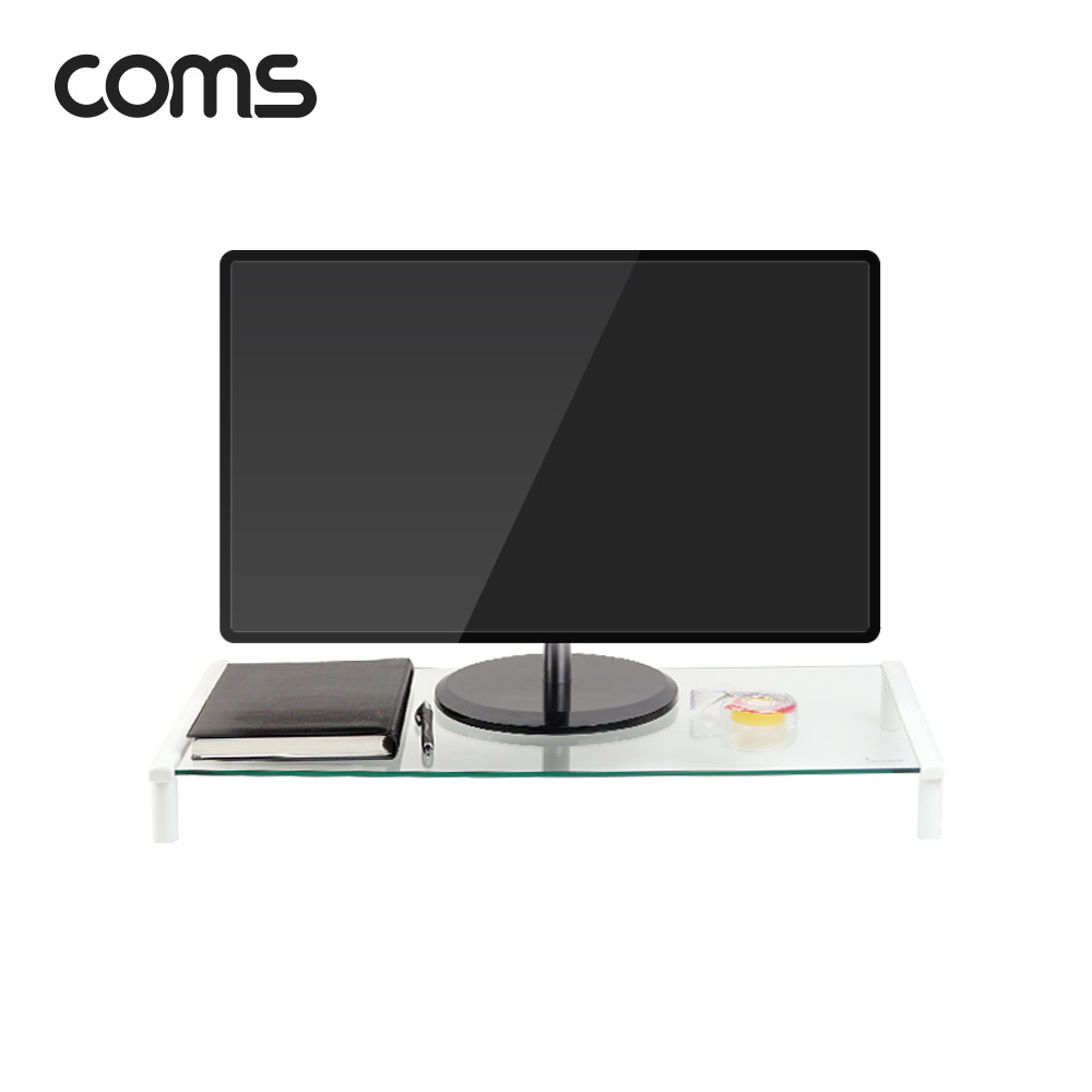 Coms 모니터 받침대/스탠드, 화이트프레임 투명유리 일반형 1단 (620mm x 309mm)