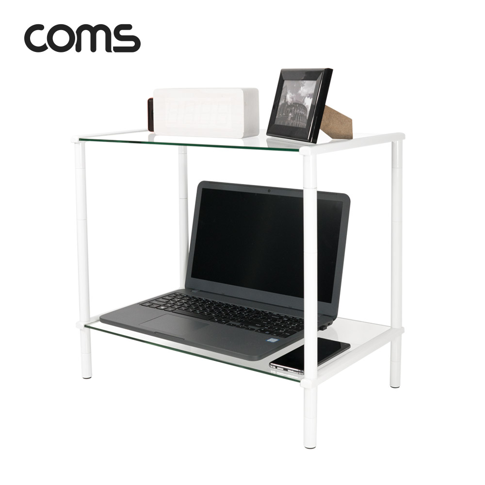 Coms 프린터,모니터,TV 높이조절 받침대/스탠드, 화이트프레임 투명유리 일반형 2단 (520mm x 309mm)