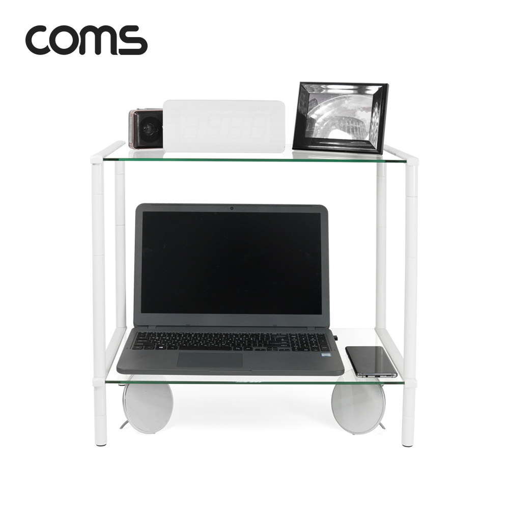 Coms 프린터,모니터,TV 높이조절 받침대/스탠드, 화이트프레임 투명유리 일반형 2단 (520mm x 309mm)