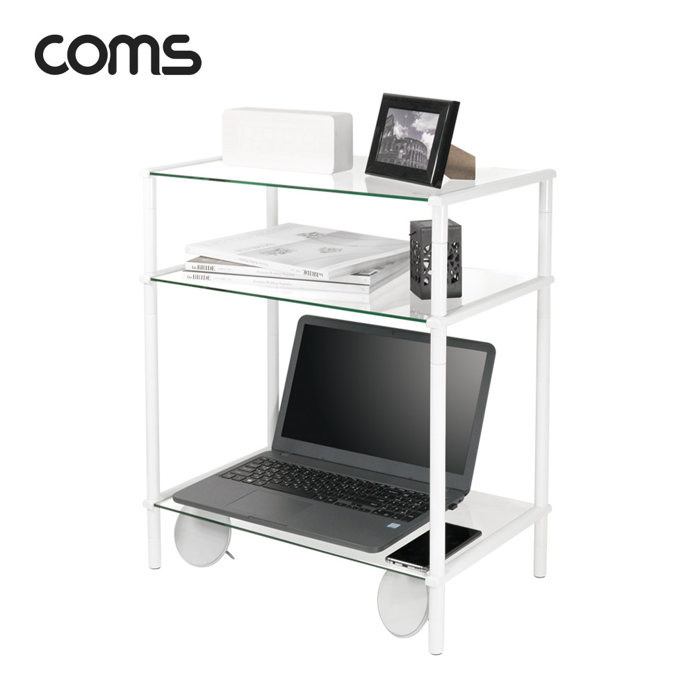Coms 프린터,모니터,TV 높이조절 받침대/스탠드, 화이트프레임 투명유리 일반형 3단 (520mm x 309mm)