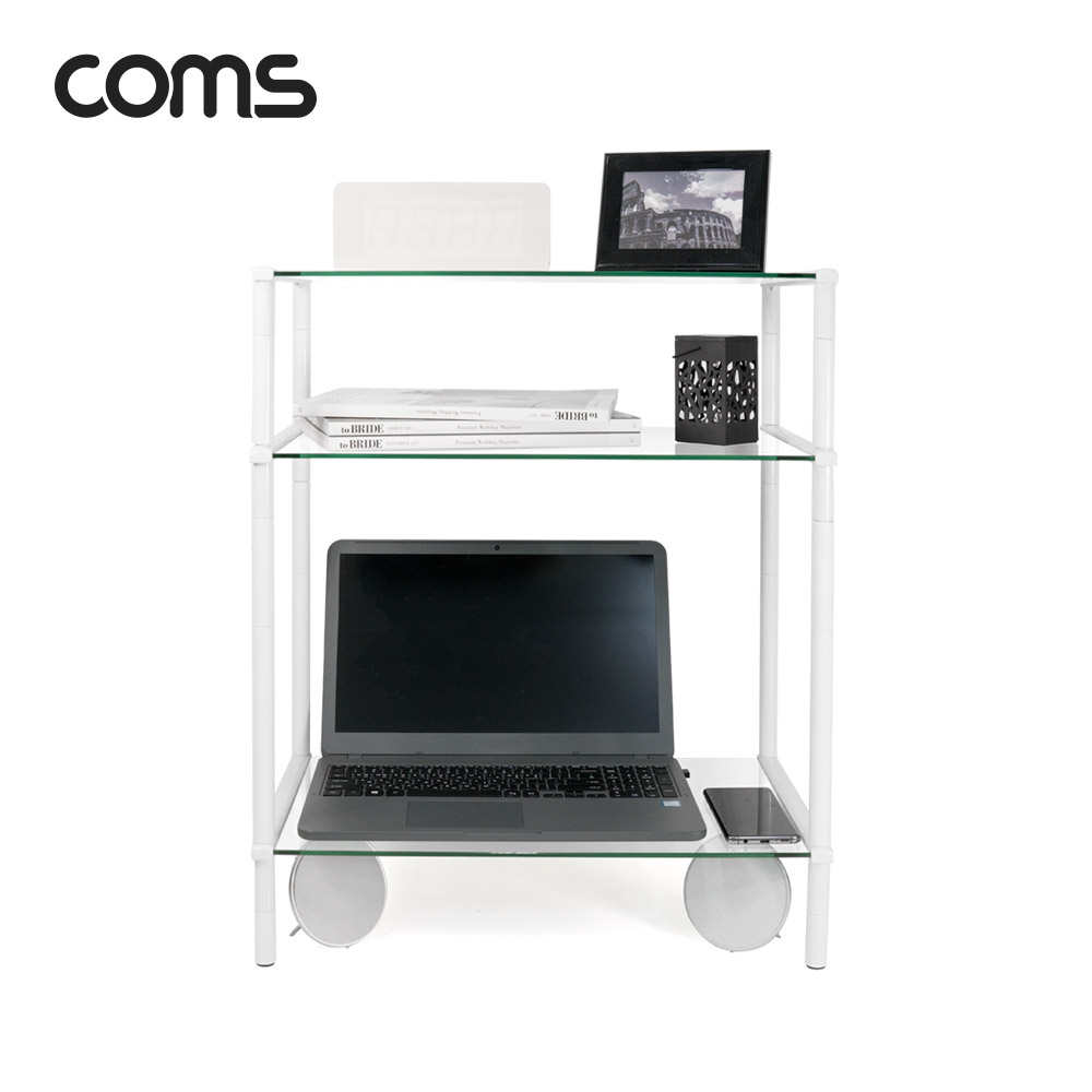Coms 프린터,모니터,TV 높이조절 받침대/스탠드, 화이트프레임 투명유리 일반형 3단 (520mm x 309mm)